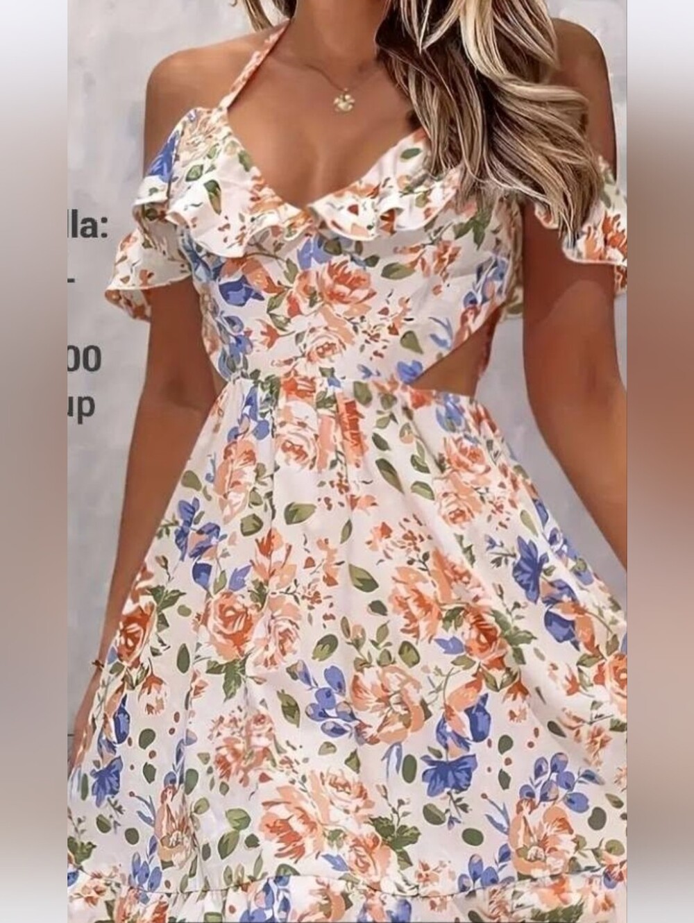 JJs House White Floral Ruffle Off-Shoulder Midi Dress with Peach & Blue Accents